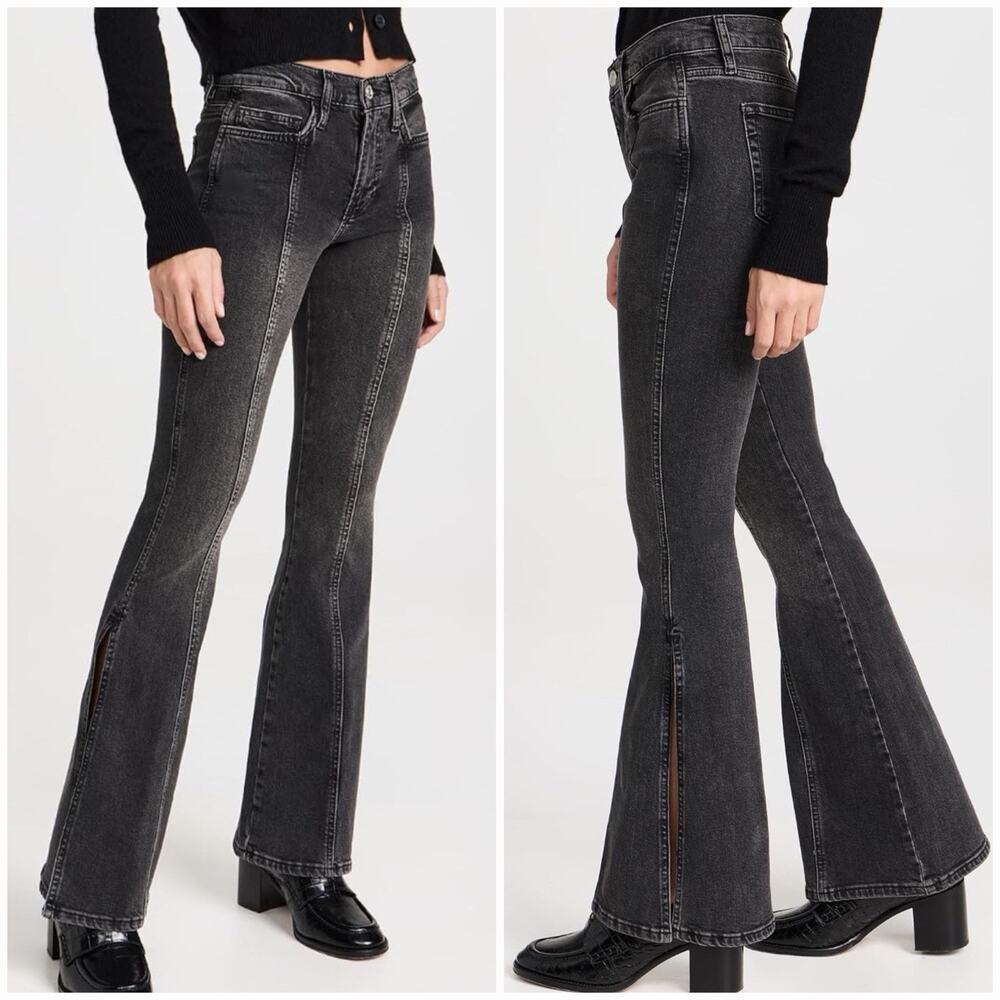 FRAME Le High Flare Jeans 24 Obsidian Clean Black Wash Split Hem Stretch - Picture 3 of 10
